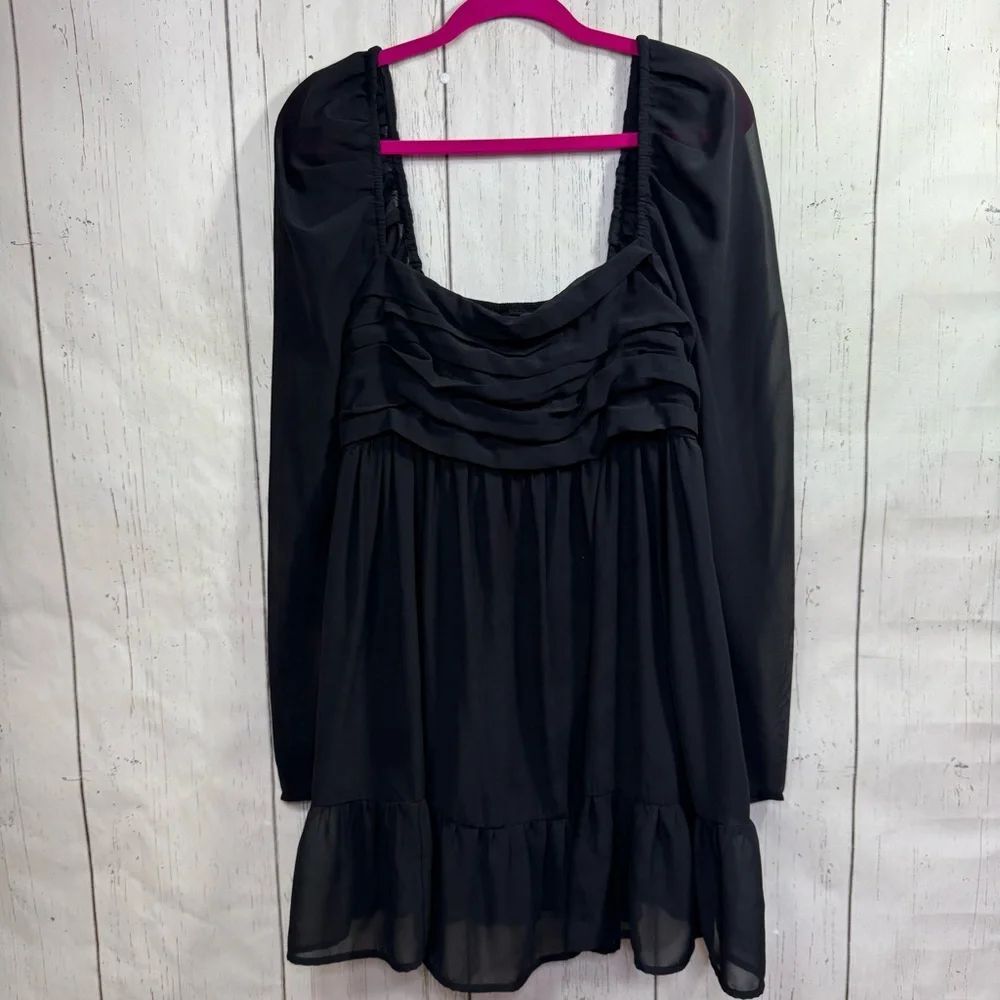 Abercrombie & Fitch Black Ruched Sheer Long Sleeve Babydoll Dress S Coquette